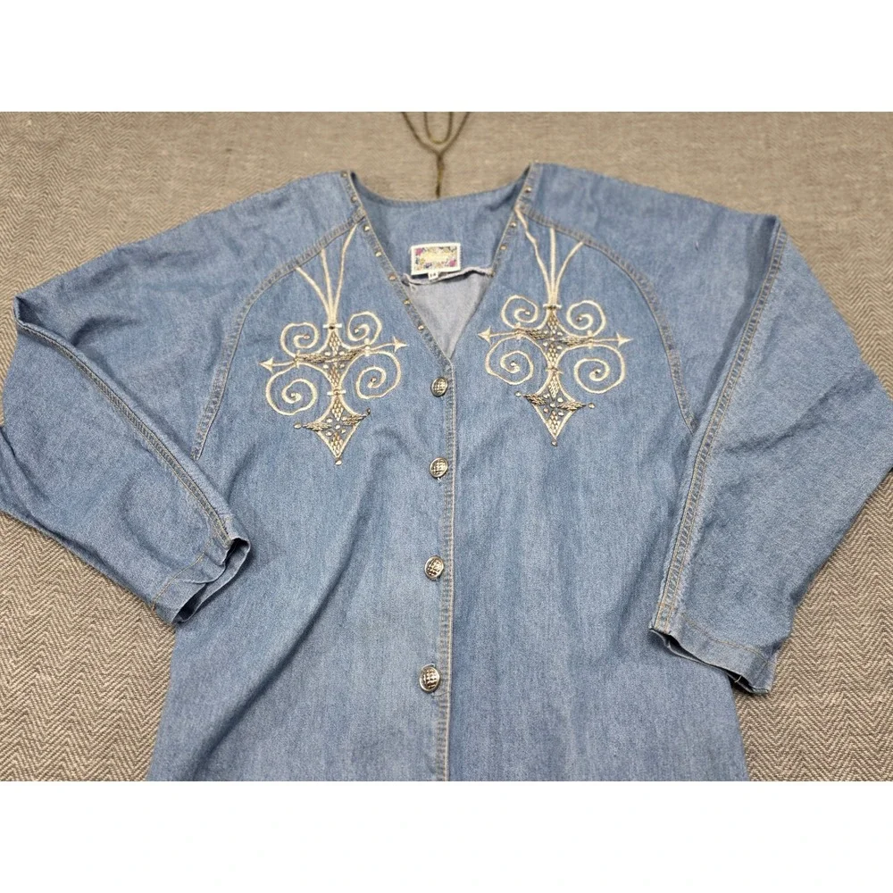 Monique Fashions Vintage Denim Duster Dress Studded Embroidered Light Wash Sz 14